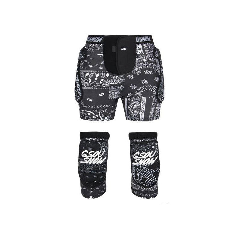 Gsou Snow Erwachsene Black Flower Ski- und Snowboard-Schutzausrüstung, Shorts und Knieschützer-Set