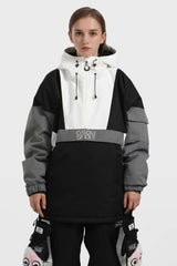 Women's White & Black Kangaroo Pocket Waterproof Baggy Snowboard Anoraks