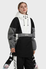 Women's White & Black Kangaroo Pocket Waterproof Baggy Snowboard Anoraks