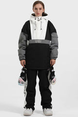 Women's Black & White Kangaroo Pocket Waterproof Baggy Snowboard Anoraks