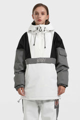 Women's White & Black Kangaroo Pocket Waterproof Baggy Snowboard Anoraks