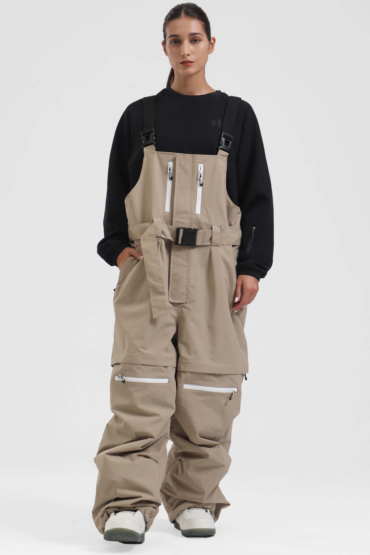 Women's Khaki Zip-Off Legs Multi-pocket Baggy Snow Bibs