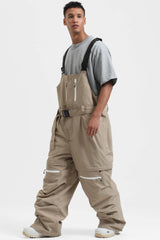 Men's Khaki Zip-Off Legs Multi-pocket Baggy Snow Bibs