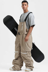 Men's Khaki Zip-Off Legs Multi-pocket Baggy Snow Bibs