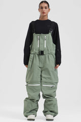 Women's Khaki Zip-Off Legs Multi-pocket Baggy Snow Bibs