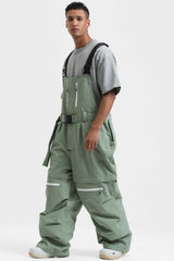 Men's Khaki Zip-Off Legs Multi-pocket Baggy Snow Bibs