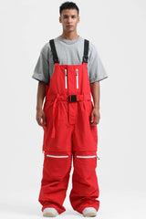 Men's Red Zip-Off Legs Multi-pocket Baggy Snow Bibs