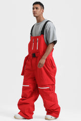 Men's Red Zip-Off Legs Multi-pocket Baggy Snow Bibs