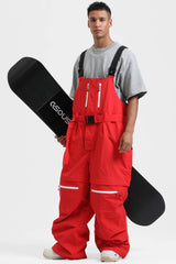 Men's Khaki Zip-Off Legs Multi-pocket Baggy Snow Bibs