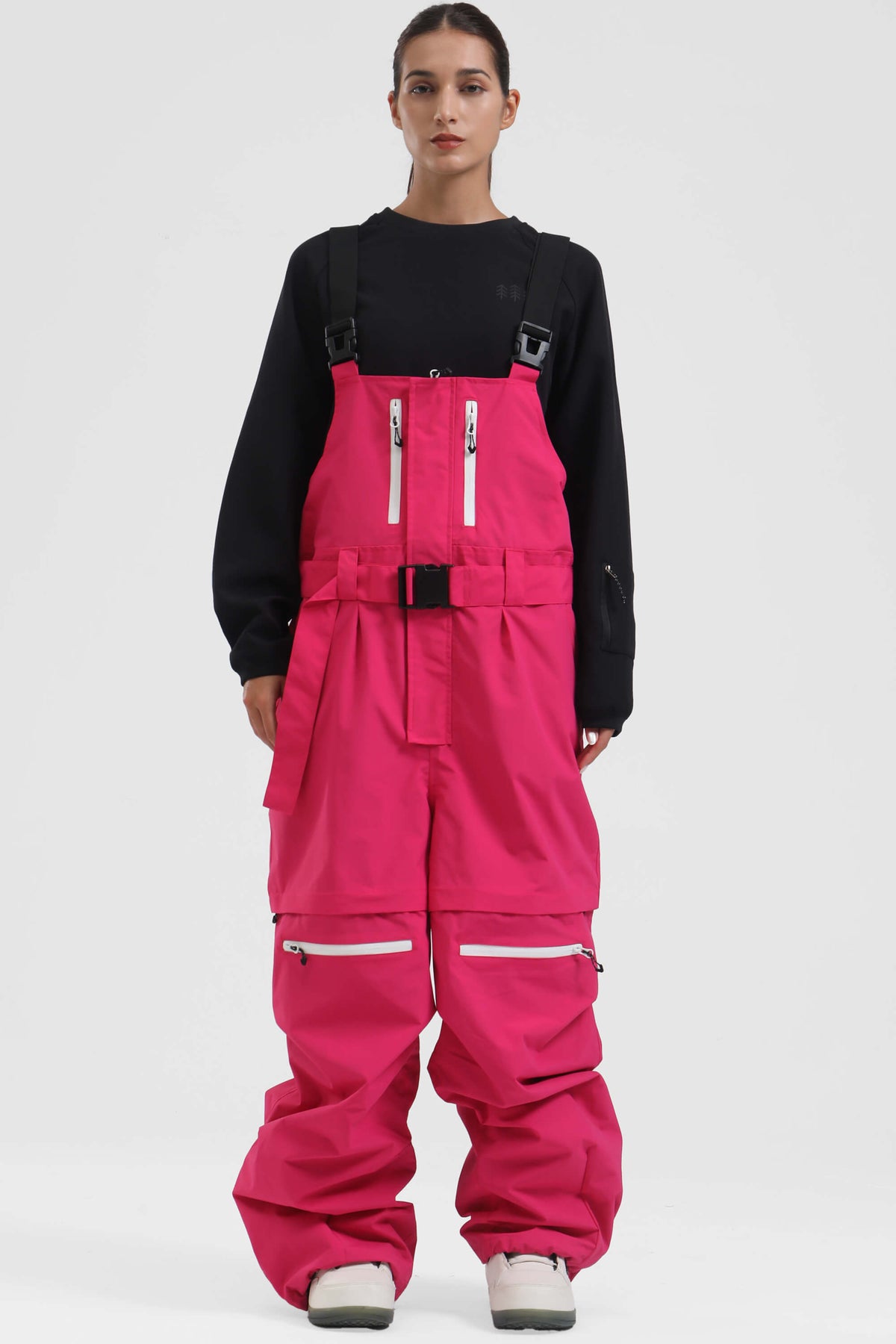 Women's Hot Pink Zip-Off Legs Multi-pocket Baggy Snow Bibs