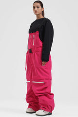 Women's Hot Pink Zip-Off Legs Multi-pocket Baggy Snow Bibs