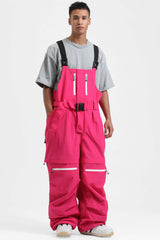 Men's Hot Pink Zip-Off Legs Multi-pocket Baggy Snow Bibs