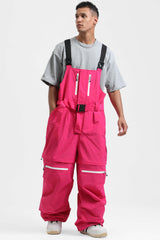 Men's Hot Pink Zip-Off Legs Multi-pocket Baggy Snow Bibs