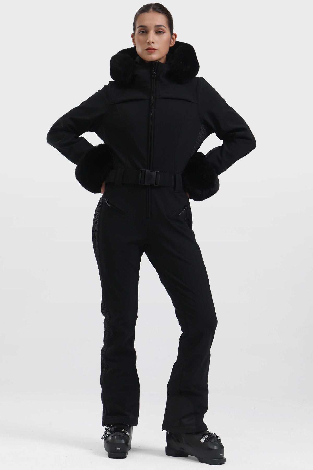 Women's Black Faux Fur Shirred Waterproof One-Piece Ski Suit