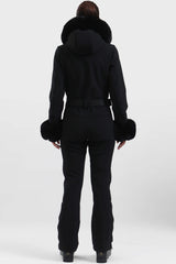 Women's Black Faux Fur Shirred Waterproof One-Piece Ski Suit