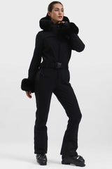 Women's Black Faux Fur Shirred Waterproof One-Piece Ski Suit