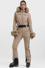 Women's White Faux Fur Shirred Waterproof One-Piece Ski Suit