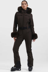 Women's Black Faux Fur Shirred Waterproof One-Piece Ski Suit