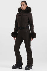 Women's Black Faux Fur Shirred Waterproof One-Piece Ski Suit