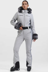 Women's White Faux Fur Shirred Waterproof One-Piece Ski Suit