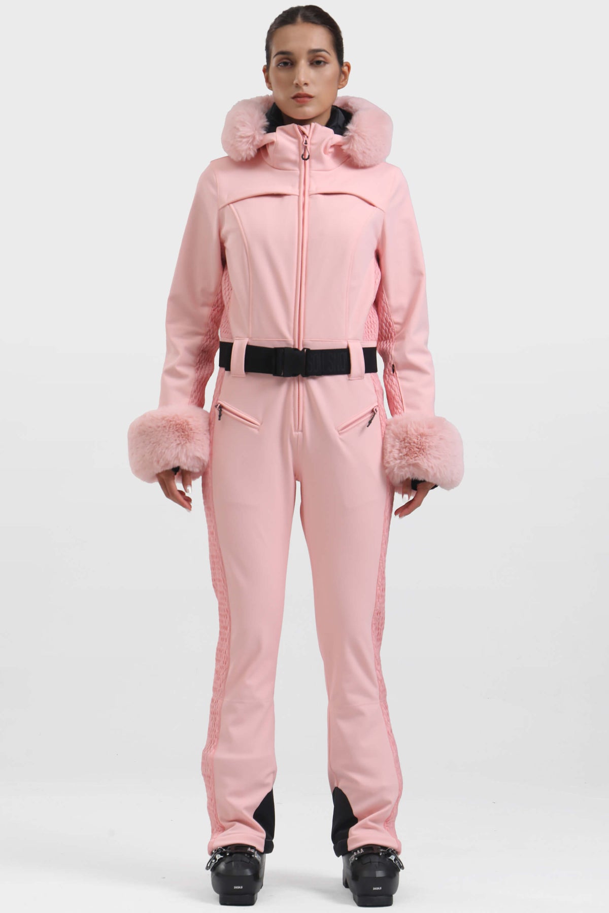 Women's Pink Faux Fur Shirred Waterproof One-Piece Ski Suit