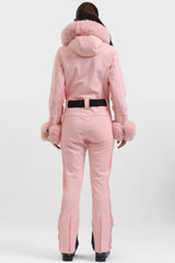 Women's Pink Faux Fur Shirred Waterproof One-Piece Ski Suit