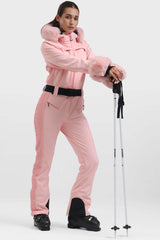 Women's Pink Faux Fur Shirred Waterproof One-Piece Ski Suit