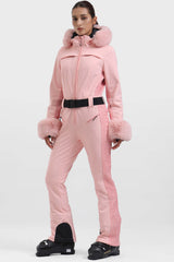 Women's Pink Faux Fur Shirred Waterproof One-Piece Ski Suit