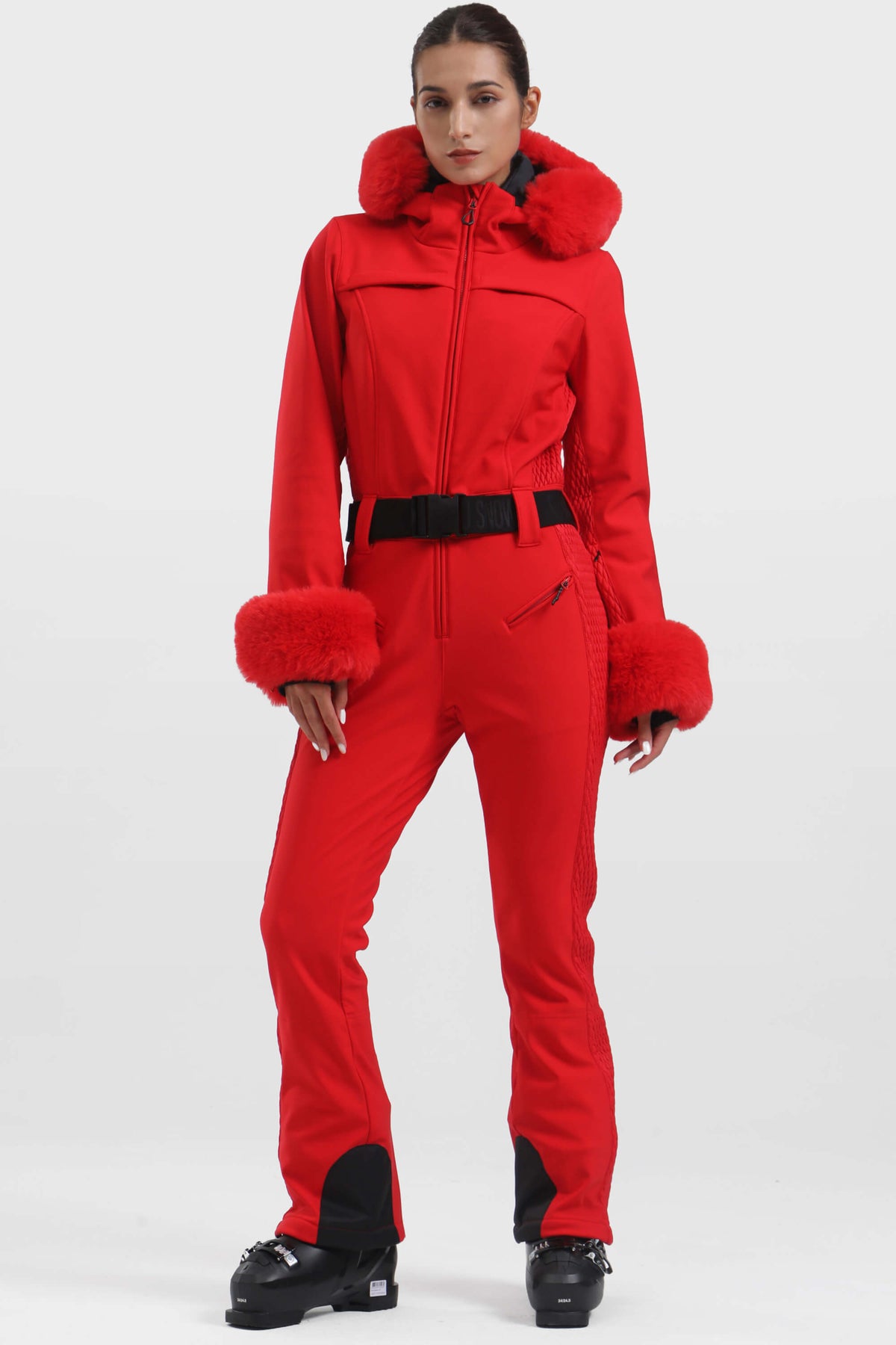 Women's Neon Red Faux Fur Shirred Waterproof One-Piece Ski Suit