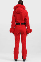 Women's Neon Red Faux Fur Shirred Waterproof One-Piece Ski Suit