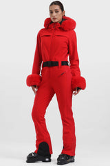 Women's Neon Red Faux Fur Shirred Waterproof One-Piece Ski Suit