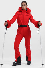 Women's Neon Red Faux Fur Shirred Waterproof One-Piece Ski Suit