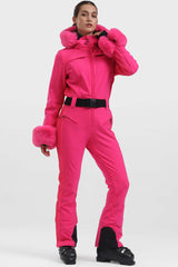 Women's Neon Red Faux Fur Shirred Waterproof One-Piece Ski Suit