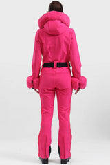 Women's Pink Faux Fur Shirred Waterproof One-Piece Ski Suit