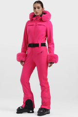 Women's Pink Faux Fur Shirred Waterproof One-Piece Ski Suit