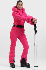 Women's Neon Red Faux Fur Shirred Waterproof One-Piece Ski Suit