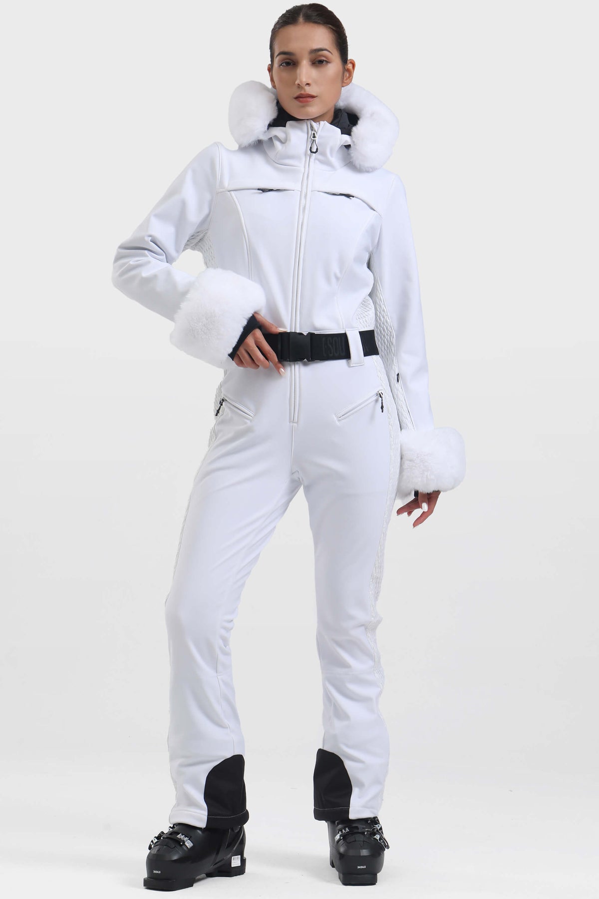 Traje de esquí de una pieza impermeable con frunces de piel sintética blanca para mujer 