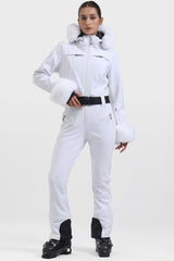 Women's White Faux Fur Shirred Waterproof One-Piece Ski Suit