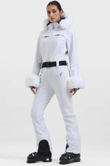 Women's White Faux Fur Shirred Waterproof One-Piece Ski Suit