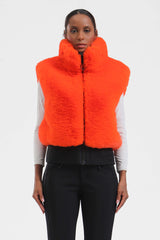 Women's Neon Red Faux Fur Shirred Hem Ski Vest