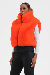 Women's Neon Red Faux Fur Shirred Hem Ski Vest