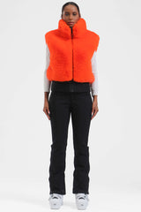 Women's Neon Red Faux Fur Shirred Hem Ski Vest