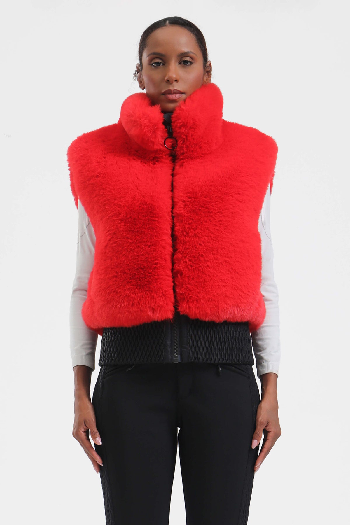 Women's Neon Red Faux Fur Shirred Hem Ski Vest