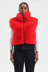 Women's Neon Red Faux Fur Shirred Hem Ski Vest