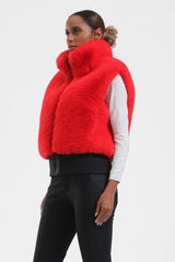 Women's Neon Red Faux Fur Shirred Hem Ski Vest