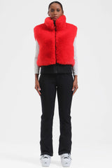 Women's Neon Red Faux Fur Shirred Hem Ski Vest