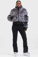 Elegant Women's Gray Faux Fur Slim Fit Ski Jacket