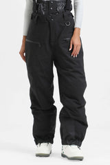 Women's Black Insulated Baggy Snow Pants With Detachable Suspenders