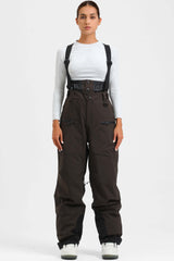 Women's White Insulated Baggy Snow Pants With Detachable Suspenders