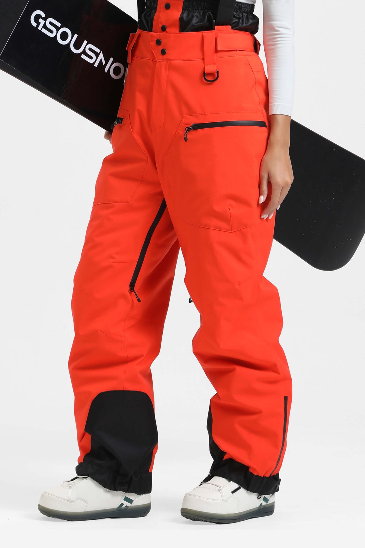 Women's Neon Red Insulated Baggy Snow Pants With Detachable Suspenders